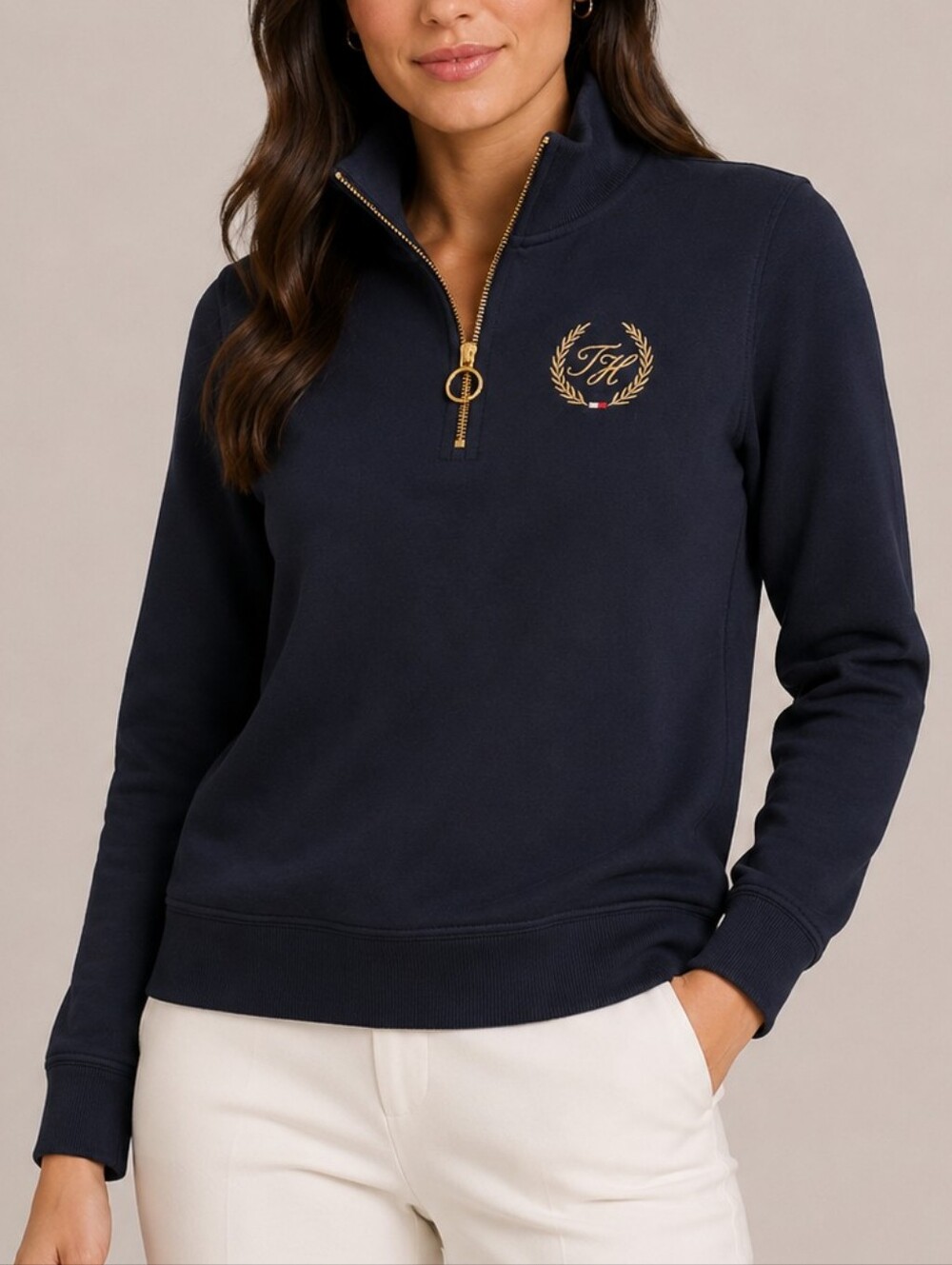 Tommy Hilfiger Navy Half-Zip Sweatshirt with Gold Emblem